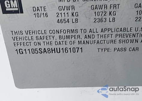 2017 Chevrolet Impala Lt from USA, damaged, VIN 1G1105SA8HU161071